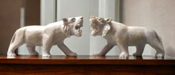 Pcs Marble Handicrafts Soapstone Lion -Jaguar Animal Sculpture  Set in Pair of two Pc - 6 inch