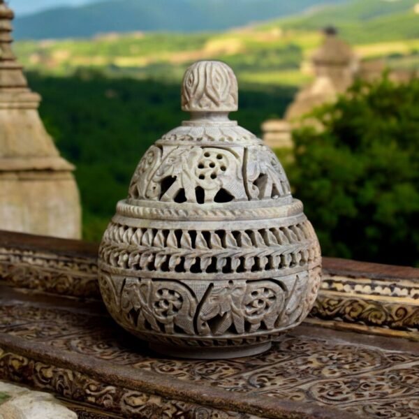 PCS Hand Crafted Soapstone with Elephant Carving Stoneware Holder Tea Light Candle Holder Handi Shape - 4 inch - Image 3
