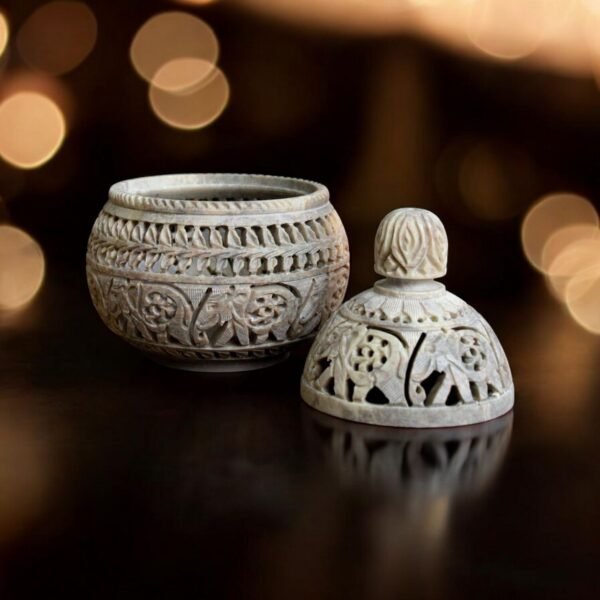 PCS Hand Crafted Soapstone with Elephant Carving Stoneware Holder Tea Light Candle Holder Handi Shape - 4 inch - Image 4