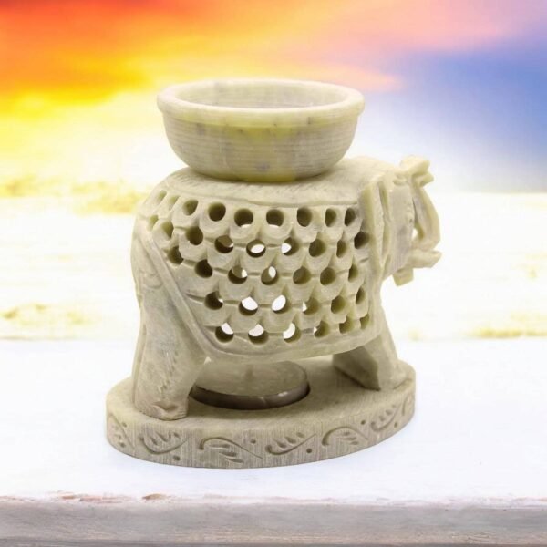 Pcs Marble Soapstone Elephant Handcrafted Aroma Oil Diffuser Burner Stands with  Tea Light Fragrance Oil Burner  (4 x 2.75 x 4.5 inch, Beige) - Image 2