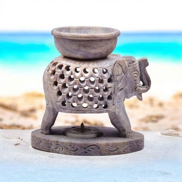 Pcs Marble Soapstone Elephant Handcrafted Aroma Oil Diffuser Burner Stands with  Tea Light Fragrance Oil Burner  (4 x 2.75 x 4.5 inch, Beige) - Image 3