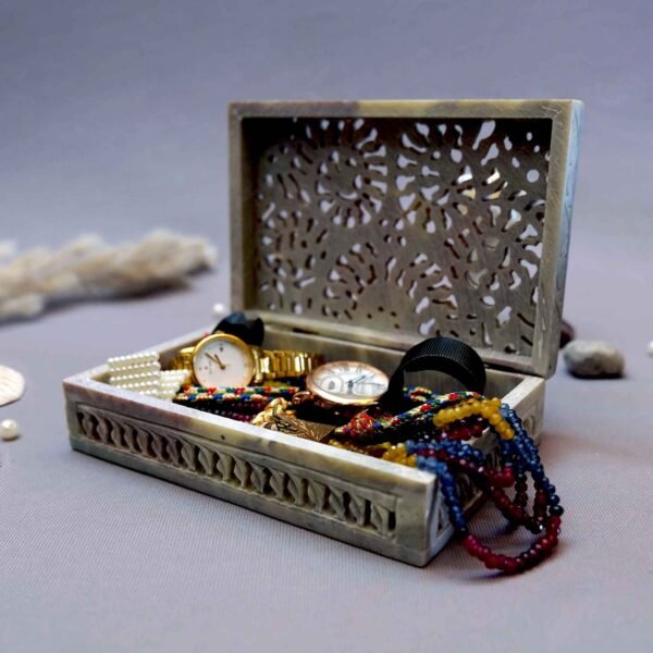 Handmade Soapstone Jewellery Box for Home Decor Showpiece, Jewellery Organiser and Dressing Table Box With Elephant and Carwing pattern-6x4x1.5 inch - Image 4