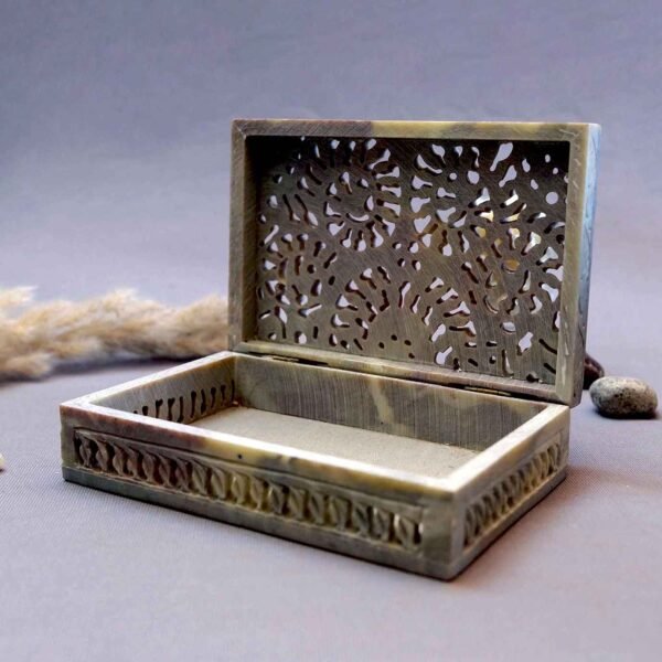 Handmade Soapstone Jewellery Box for Home Decor Showpiece, Jewellery Organiser and Dressing Table Box With Elephant and Carwing pattern-6x4x1.5 inch - Image 3