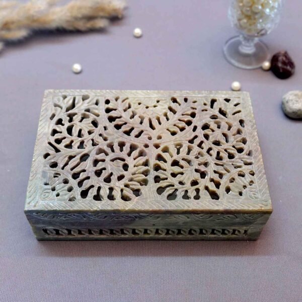 Handmade Soapstone Jewellery Box for Home Decor Showpiece, Jewellery Organiser and Dressing Table Box With Elephant and Carwing pattern-6x4x1.5 inch
