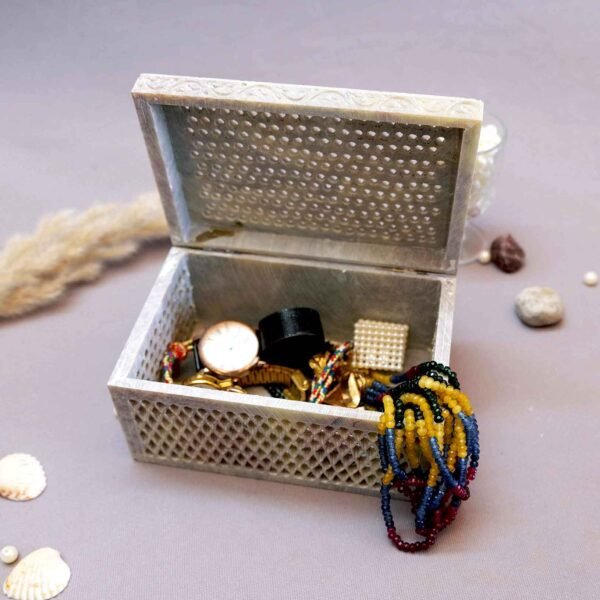 Handmade Soapstone Jewellery Box for Home Decor Showpiece, Jewellery Organiser and Dressing Table Box With Elephant and Carwing pattern-6x4x3inch - Image 3