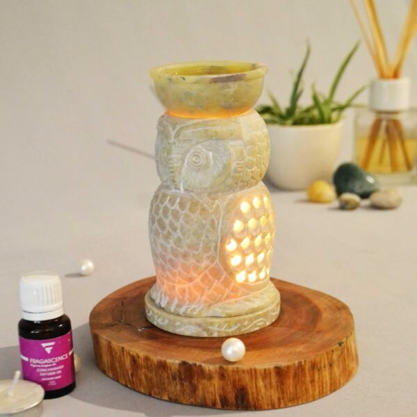 Pcs Marble Soapstone Owl Handcrafted Aroma Oil Diffuser Burner Stands with Nice Tea Light Fragrance Oil Burner  (4 x 2.75 x 4.5 inch, Beige)