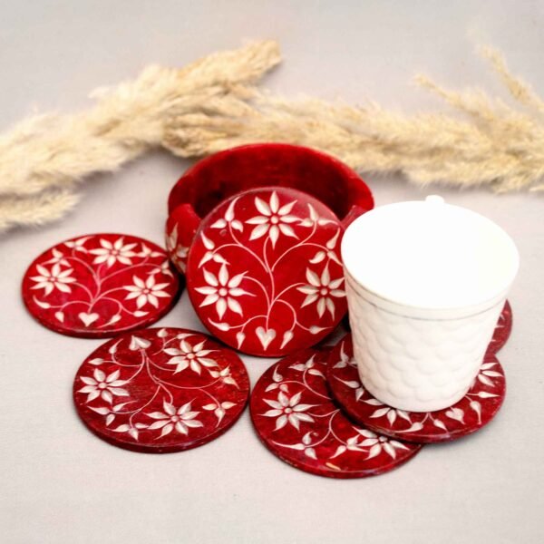 Handcraft Soapstone Coasters Set with Stand Perfect for Hot & Cold Drinks Dining, Cocktail & Coffee Table in red color - Image 4