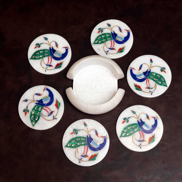 Marble Coasters with Stand Hand Carved Peacock Inlay Work Home Decorative Handicraft Gift 6 Pcs Set - Image 5