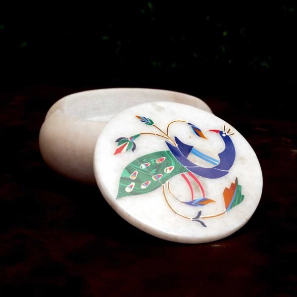 Marble Coasters with Stand Hand Carved Peacock Inlay Work Home Decorative Handicraft Gift 6 Pcs Set - Image 2