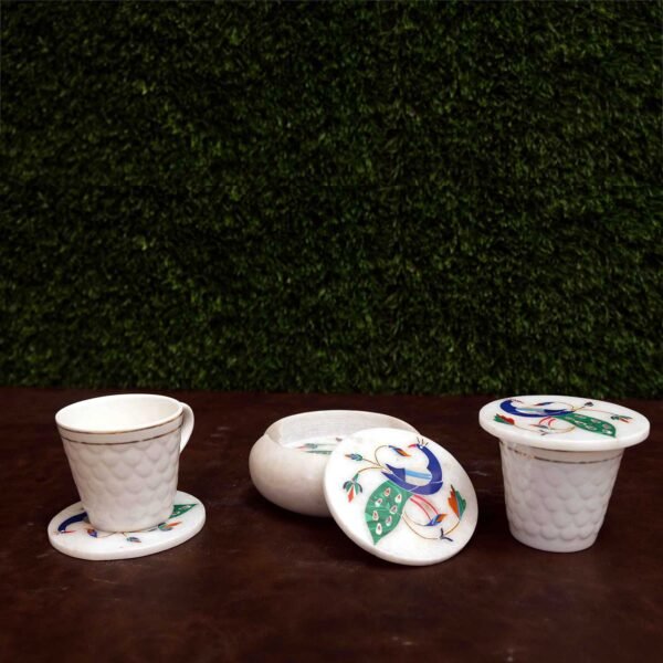 Marble Coasters with Stand Hand Carved Peacock Inlay Work Home Decorative Handicraft Gift 6 Pcs Set - Image 4