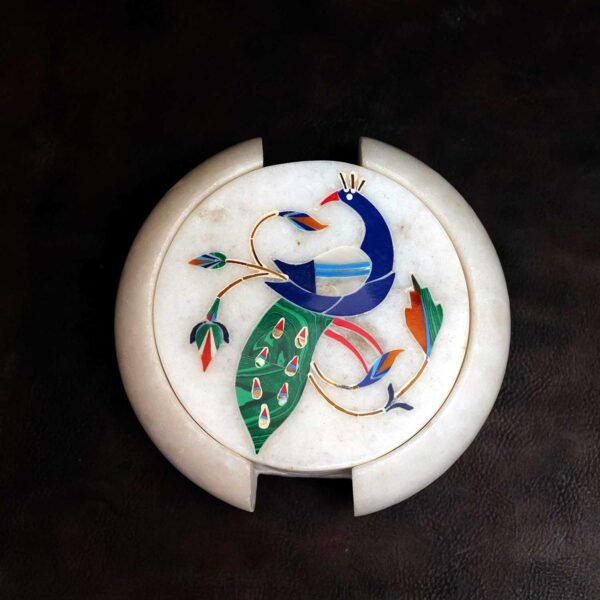 Marble Coasters with Stand Hand Carved Peacock Inlay Work Home Decorative Handicraft Gift 6 Pcs Set
