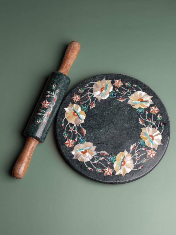 Pcs Handicrafts Italian Green Marble inlay Roti Maker/ Chakla 9 inch Diameter kitchen tool as Vegetable Cutter Pin Rolling Board - Image 4
