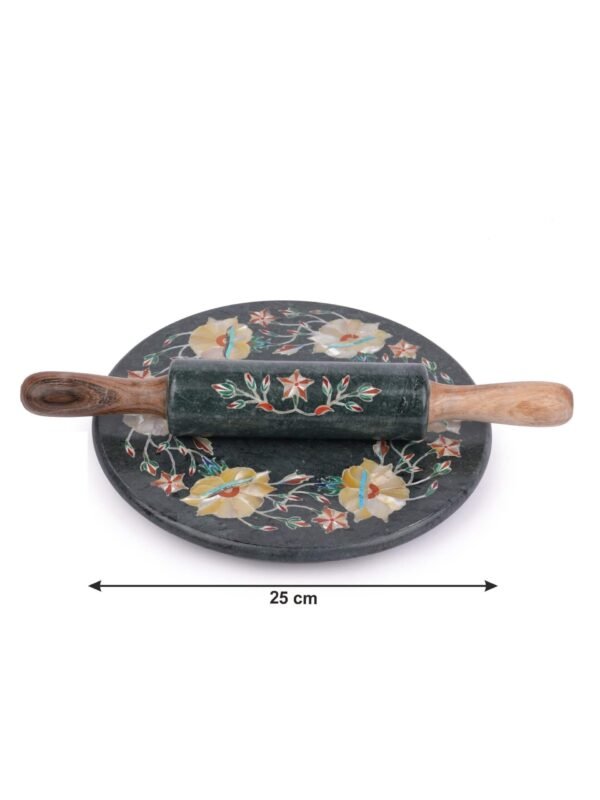 Pcs Handicrafts Italian Green Marble inlay Roti Maker/ Chakla 9 inch Diameter kitchen tool as Vegetable Cutter Pin Rolling Board - Image 3