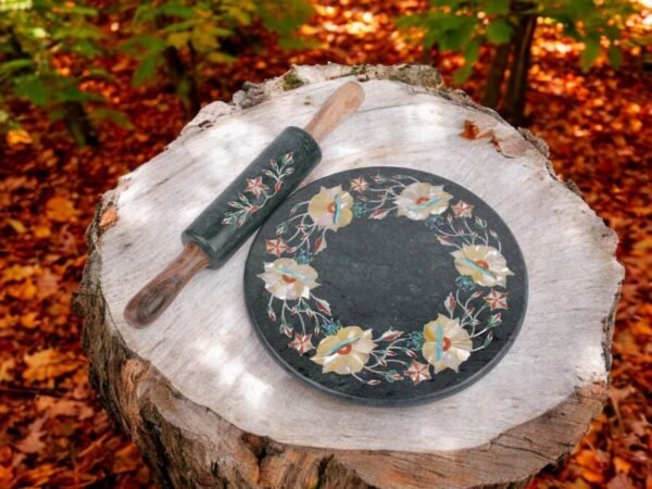 Pcs Handicrafts Italian Green Marble inlay Roti Maker/ Chakla 9 inch Diameter kitchen tool as Vegetable Cutter Pin Rolling Board - Image 2