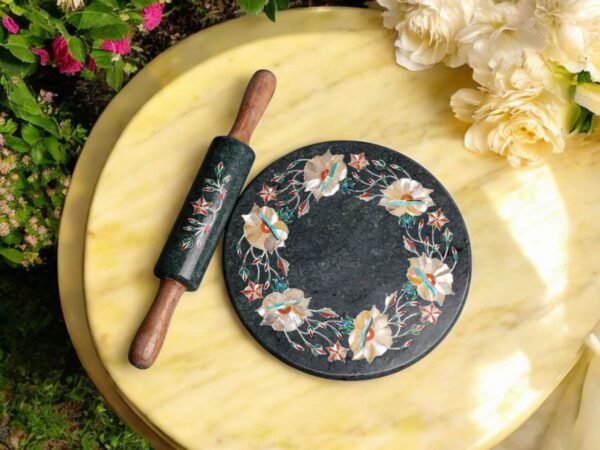 Pcs Handicrafts Italian Green Marble inlay Roti Maker/ Chakla 9 inch Diameter kitchen tool as Vegetable Cutter Pin Rolling Board