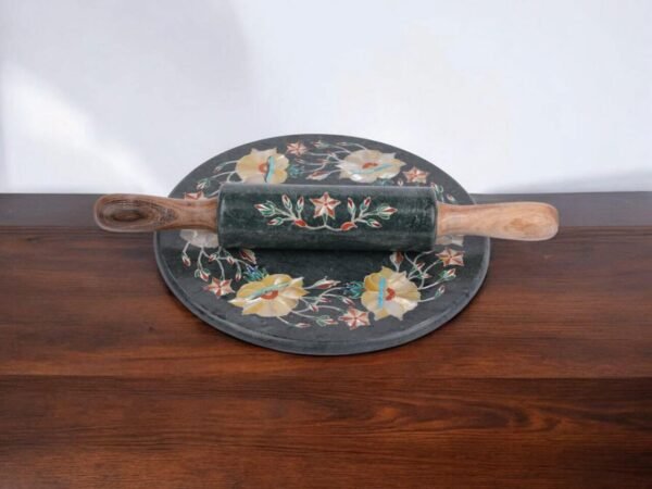 Pcs Handicrafts Italian Green Marble inlay Roti Maker/ Chakla 9 inch Diameter kitchen tool as Vegetable Cutter Pin Rolling Board - Image 5