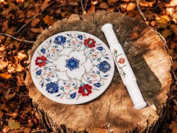 Pcs Handicrafts Italian White Marble inlay Roti Maker/ Chakla 9 inch Diameter kitchen tool as Vegetable Cutter Pin Rolling Board - Image 2