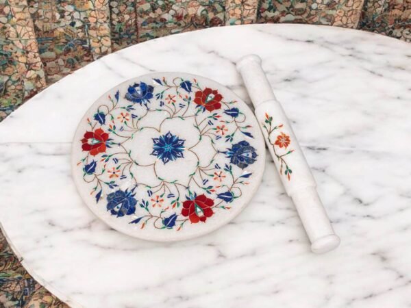 Pcs Handicrafts Italian White Marble inlay Roti Maker/ Chakla 9 inch Diameter kitchen tool as Vegetable Cutter Pin Rolling Board - Image 3