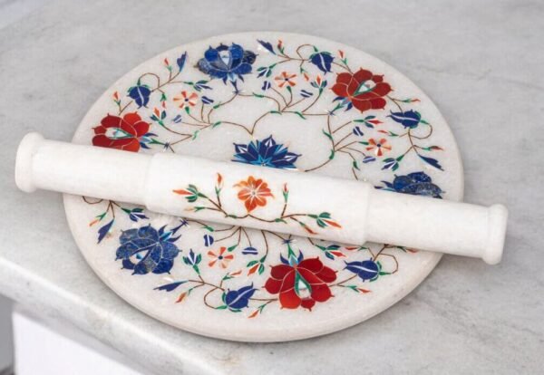 Pcs Handicrafts Italian White Marble inlay Roti Maker/ Chakla 9 inch Diameter kitchen tool as Vegetable Cutter Pin Rolling Board - Image 6
