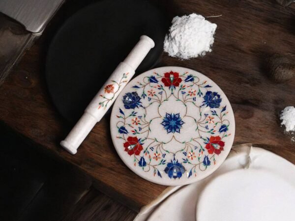 Pcs Handicrafts Italian White Marble inlay Roti Maker/ Chakla 9 inch Diameter kitchen tool as Vegetable Cutter Pin Rolling Board