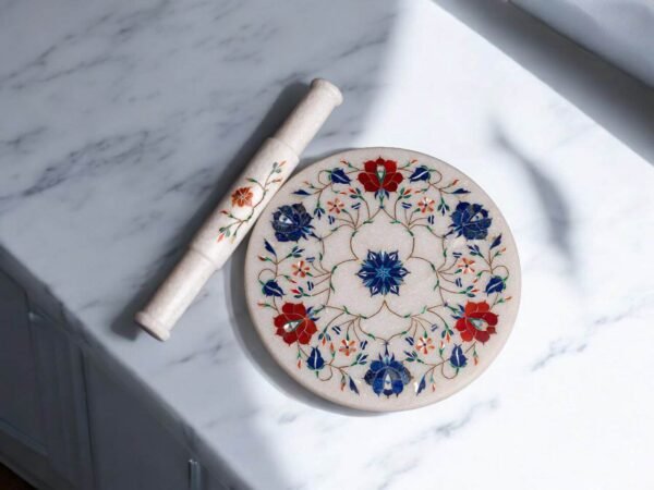 Pcs Handicrafts Italian White Marble inlay Roti Maker/ Chakla 9 inch Diameter kitchen tool as Vegetable Cutter Pin Rolling Board - Image 4