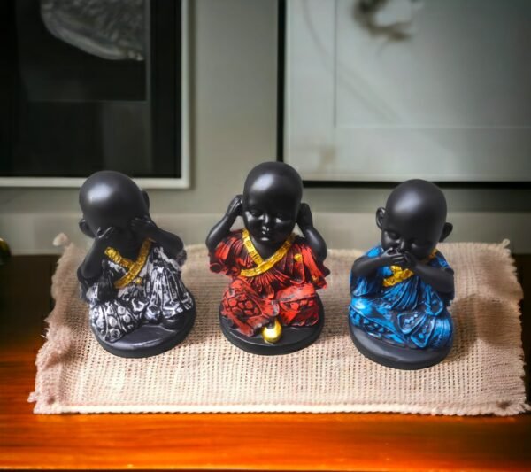 Pcs Resin Buddha Monk Statues for , Home, and Office Dcor | Feng Shui Good Luck Figurines and Unique Gift Set of 3pc - 4 x 3 inch - Image 2