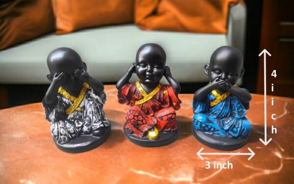 Pcs Resin Buddha Monk Statues for , Home, and Office Dcor | Feng Shui Good Luck Figurines and Unique Gift Set of 3pc - 4 x 3 inch - Image 3