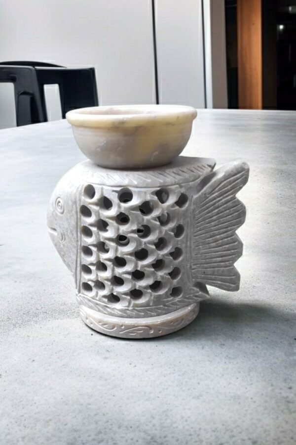 Pcs Marble Soapstone FISH Shape Handcrafted Aroma Oil Diffuser Burner Stands with Tea Light Fragrance Oil Burner  (4 x 2.75 x 4.5 inch, Beige) - Image 3