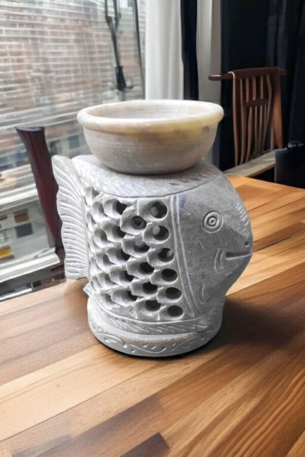 Pcs Marble Soapstone FISH Shape Handcrafted Aroma Oil Diffuser Burner Stands with Tea Light Fragrance Oil Burner  (4 x 2.75 x 4.5 inch, Beige) - Image 4