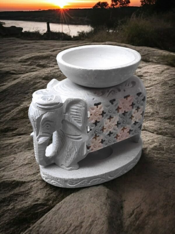 Pcs Paleva Soapstone Elephant Shape Handcrafted Aroma Oil Diffuser Burner Stands with Tea Light Fragrance Oil Burner  (4 x 2.75 x 4.5 inch, Beige)
