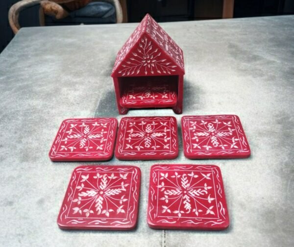 Handcraft Soapstone Coasters Set with Stand Perfect for Hot & Cold Drinks Dining, Cocktail & Coffee Table in red color - Image 10
