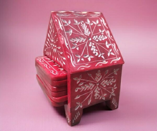 Handcraft Soapstone Coasters Set with Stand Perfect for Hot & Cold Drinks Dining, Cocktail & Coffee Table in red color - Image 9