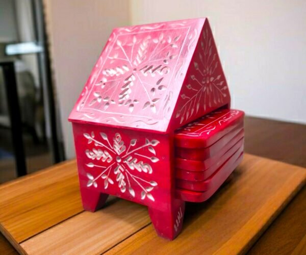 Handcraft Soapstone Coasters Set with Stand Perfect for Hot & Cold Drinks Dining, Cocktail & Coffee Table in red color
