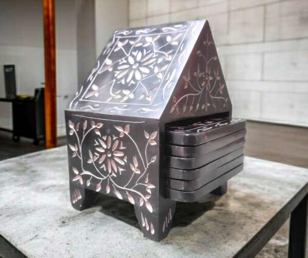 Handcraft Soapstone Coasters Set with Stand Perfect for Hot & Cold Drinks Dining, Cocktail & Coffee Table in Black Color