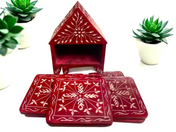 Handcraft Soapstone Coasters Set with Stand Perfect for Hot & Cold Drinks Dining, Cocktail & Coffee Table in red color - Image 2