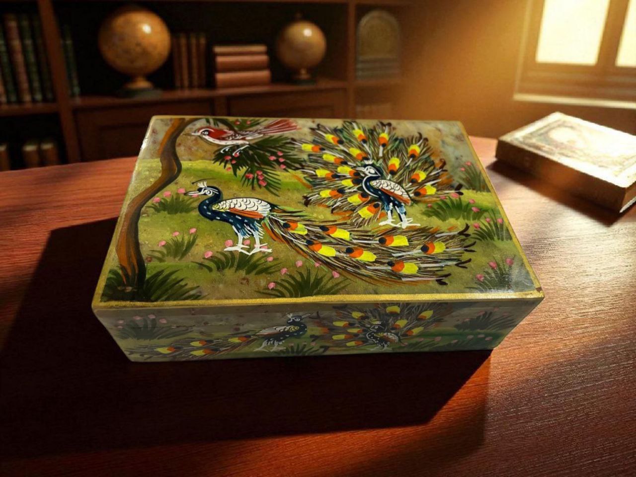 Handmade Soapstone peacock painted Box for Home Decor Showpiece, Jewellery Organiser and Dressing Table Box With Carwing pattern-6x4x1.5 inch - Image 2