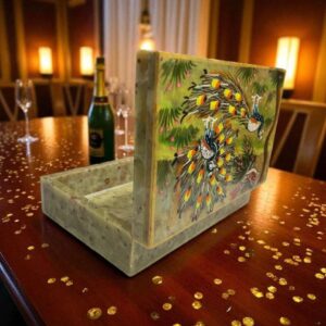 Handmade Soapstone peacock painted Box for Home Decor Showpiece, Jewellery Organiser and Dressing Table Box With Carwing pattern-6x4x1.5 inch