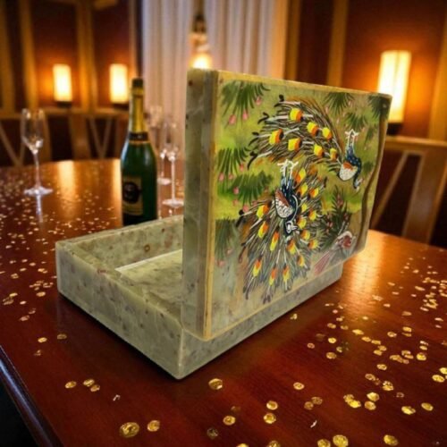 Handmade Soapstone peacock painted Box for Home Decor Showpiece, Jewellery Organiser and Dressing Table Box With Carwing pattern-6x4x1.5 inch