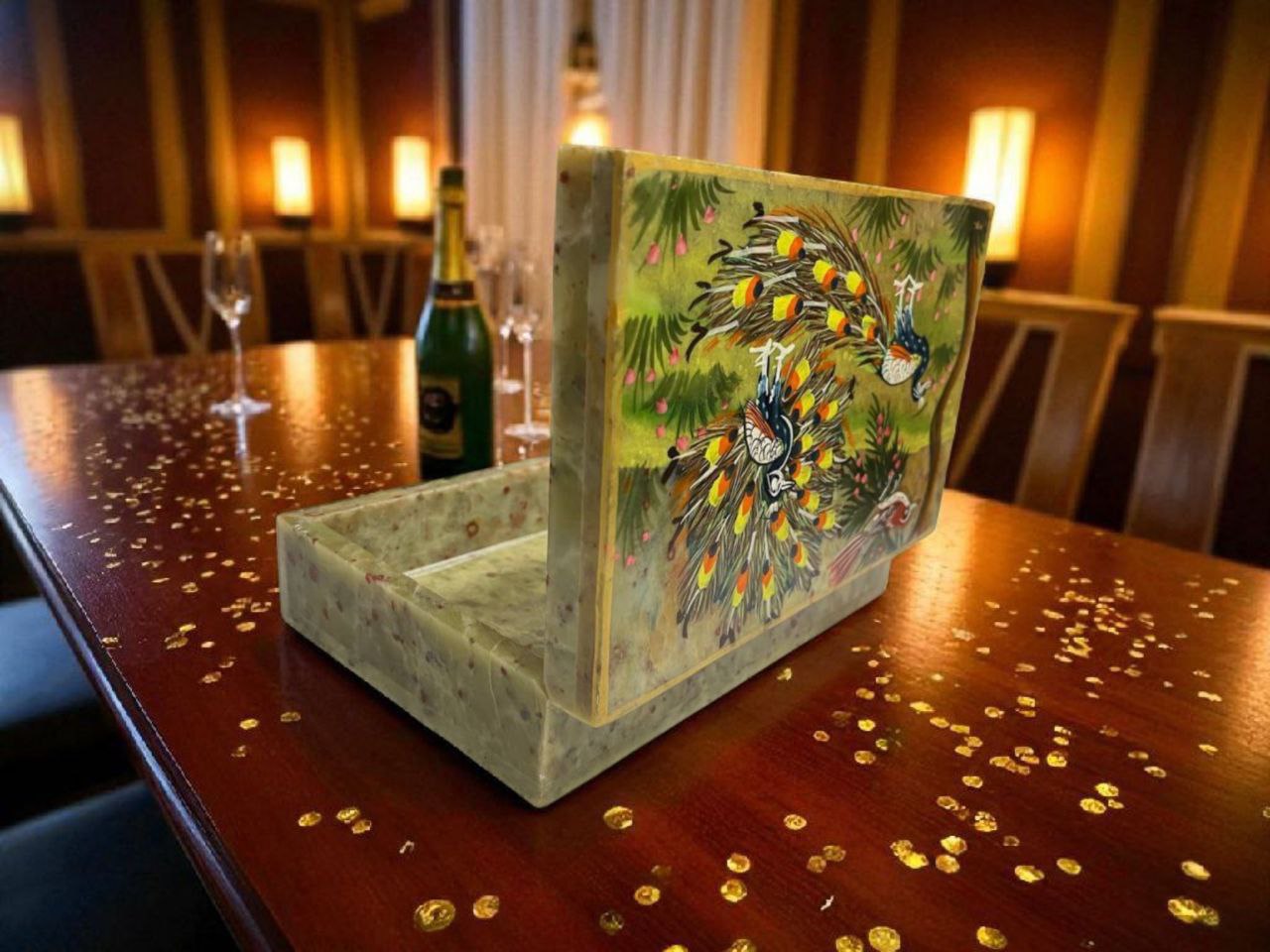 Handmade Soapstone peacock painted Box for Home Decor Showpiece, Jewellery Organiser and Dressing Table Box With Carwing pattern-6x4x1.5 inch