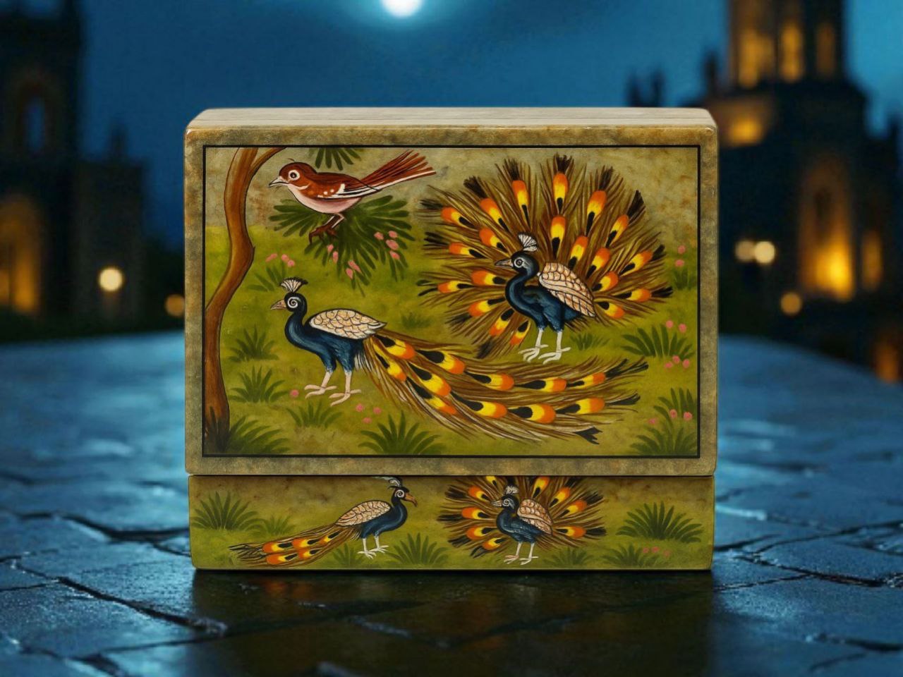 Handmade Soapstone peacock painted Box for Home Decor Showpiece, Jewellery Organiser and Dressing Table Box With Carwing pattern-6x4x1.5 inch - Image 3