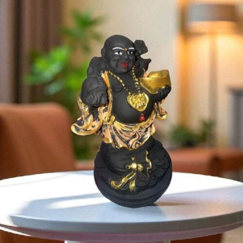 Pcs Handmade Poly Resin Feng Shui Lucky for Money, Success Black Laughing Buddha with Coins Bundle 7 inch