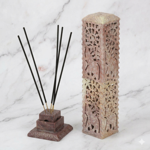 Hand Carved Soapstone Incense Stick Holder with Jali Work 10 Inch Decorative Agarbatti Stand for Home Temple Meditation and Spiritual Decor